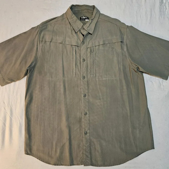HABIT Men's Army Green Venter Mesh Short Sleeve L Shirt Zip Pockets Point Collar - Picture 2 of 11